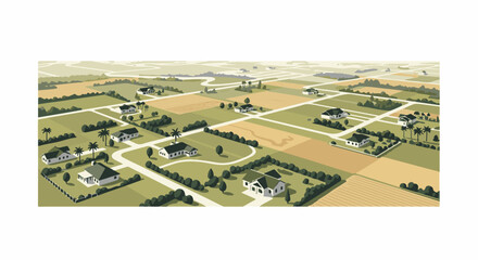 Naklejka premium Aerial view of a suburban development with scattered houses and fields