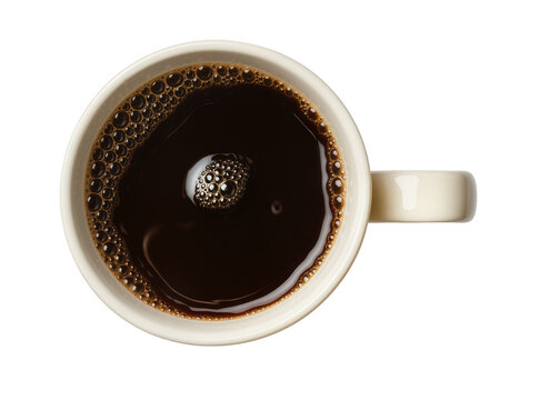 Delicious dark black coffee in a light ceramic mug, with rich crema and small bubbles, isolated on transparent background, for cafe use