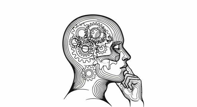 Black and white illustration of a profile silhouette of a human head filled with gears