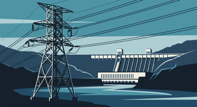 Power lines cross a landscape with a dam and reservoir