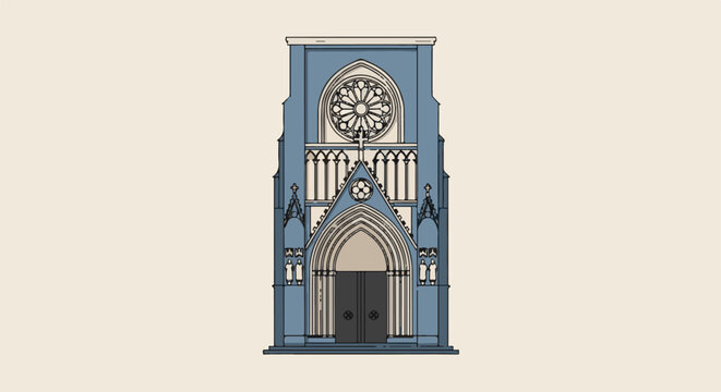 Stylized illustration of a blue Gothic-style cathedral facade with rose window