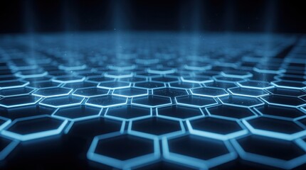 Fototapeta premium A glowing blue hexagonal grid extends into the dark, creating a futuristic and digital network effect with a sense of depth and advanced technology.