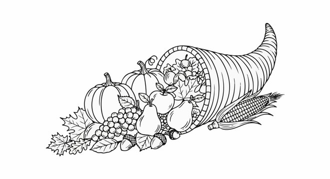 Abundant cornucopia overflowing with fruits, vegetables, and autumn leaves