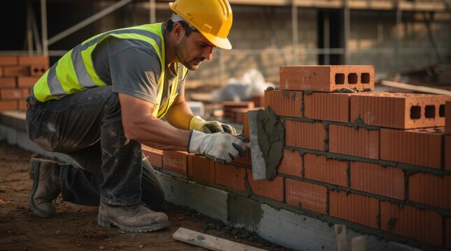 Construction worker in a yellow helmet and safety vest lays bricks and applies mortar on a building site during daylight.