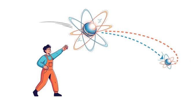 Illustration of a person throwing a model atom, representing scientific exploration and discovery