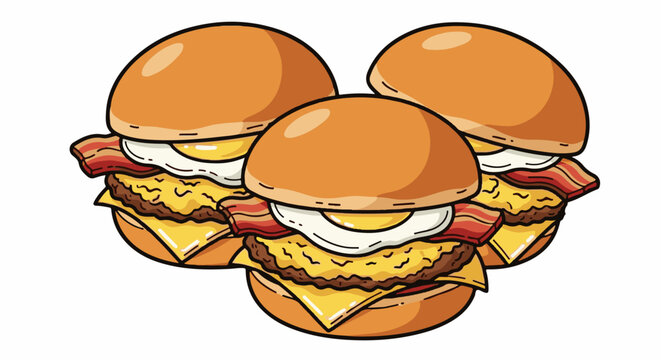 Three cartoon breakfast sandwiches with bacon, egg, and cheese