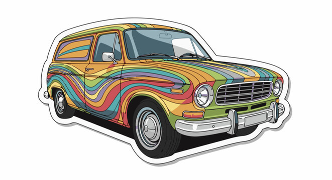 A vintage vehicle is decorated with colorful, wavy stripes in a psychedelic pattern