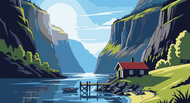 A small house sits by a serene bay, nestled between imposing, green-capped cliffs