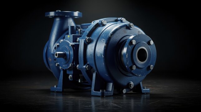 Industrial blue centrifugal pump with metallic finish displayed on a black reflective surface.