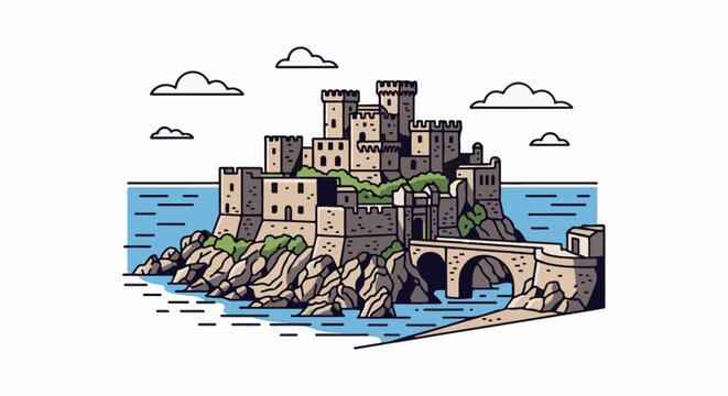 A stone castle perched on rocky cliffs overlooking a blue sea, with a bridge