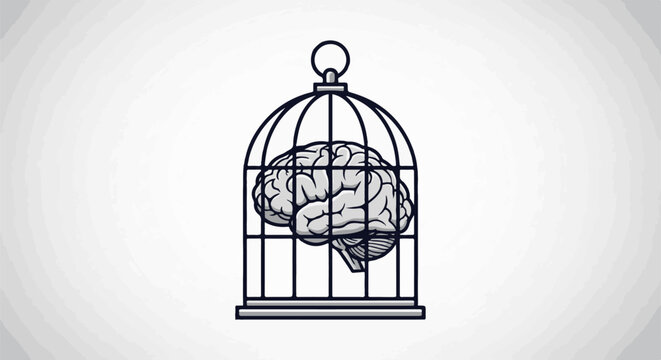 A brain is trapped inside a birdcage, symbolizing restricted thought or intelligence