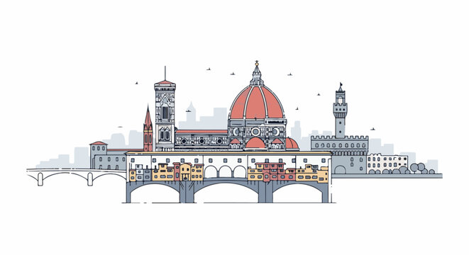 Stylized architectural skyline with a prominent dome, bell tower, bridge, and buildings