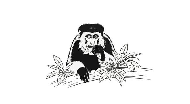 A black and white illustration of a monkey eating leaves on a branch