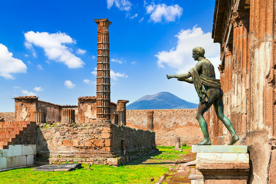 Naples, Italy. Bronze statue of Apollo in a ruined temple of Pompeii