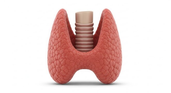 3D rendering of a human thyroid gland with a metallic screw-like implant in the center, isolated on a white background, symbolizing medical technology.