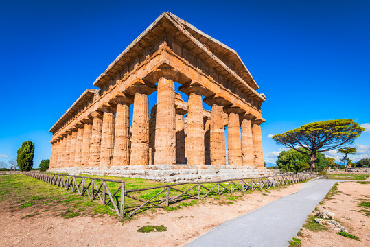Paestum, Italy. Temple of Neptune, majestic ancient Greek ruins in Campania