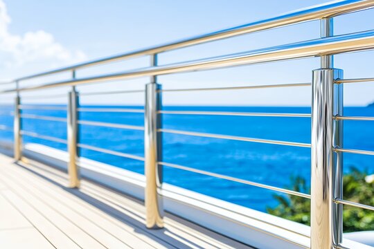 Modern steel railing on sunny deck overlooking blue ocean