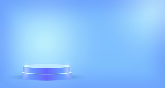 Blue podium in empty blue room. Simple even background decorated soft light spots and gloss. 3d illustration.