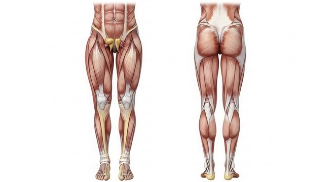 Anterior and posterior anatomical views of human leg muscles, illustrating the major muscle groups of the thighs, glutes, and calves.