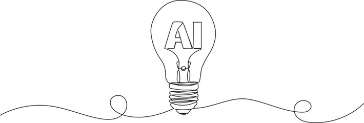 continuous line drawing of light bulb with the letters AI inside, artificial intelligence and creative technology line art vector illustration © Christian Horz