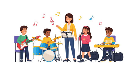 Children's Music Class: Diverse Kids Play Instruments with Teacher © Bakul