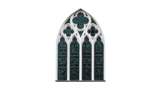 Gothic arched window with ornate tracery and stained glass, isolated on transparent background