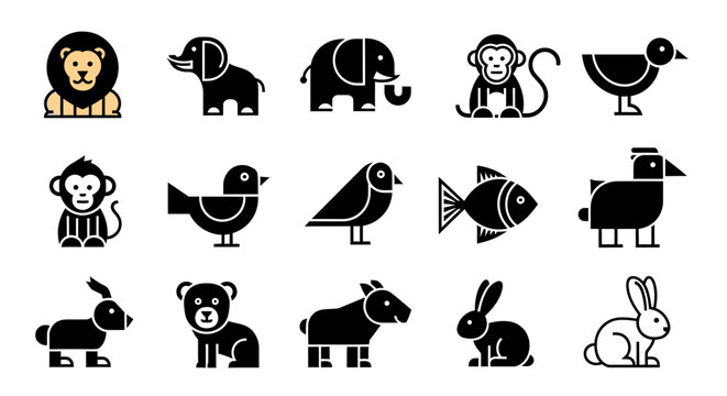 Cartoon animal icons lion elephant monkey bird fish rabbit illustrations