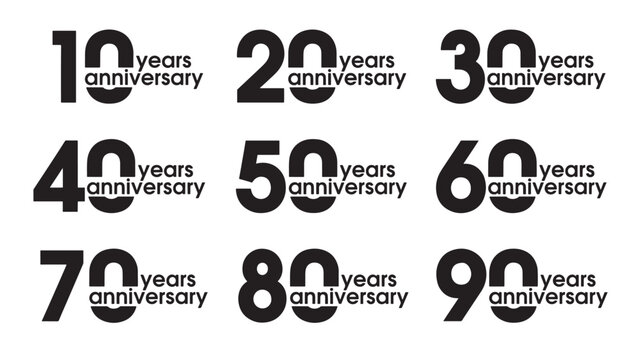Anniversary number icons with years and text in black, from 10 to 90 years celebration. featuring event, icon, logo with year and decade elements for