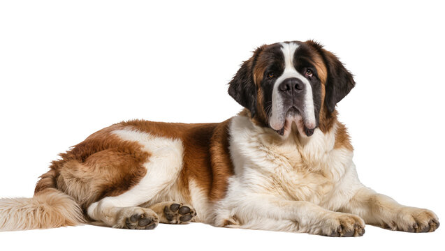 Majestic Saint Bernard dog with brown and white fur lying down, isolated on transparent background