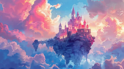 Fantasy castle floating above clouds in vibrant sky illustration © Mangku