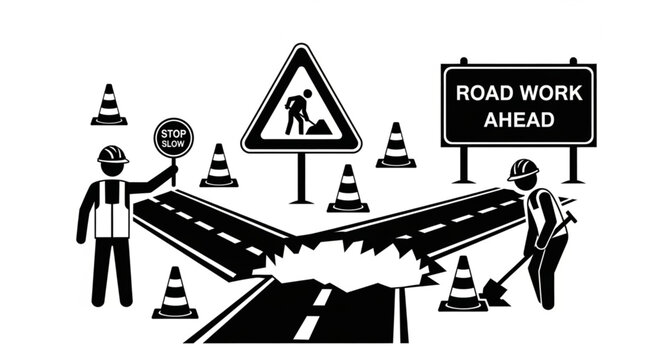 Road construction workers directing traffic around a broken road section.