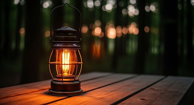 A vintage style electric lantern glowing with warm light on a wooden table at night time setting illustration