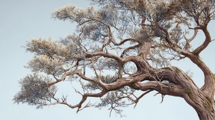 Fototapeta premium A stylized tree with a gnarled trunk and branches laden with silvery foliage against a light blue sky