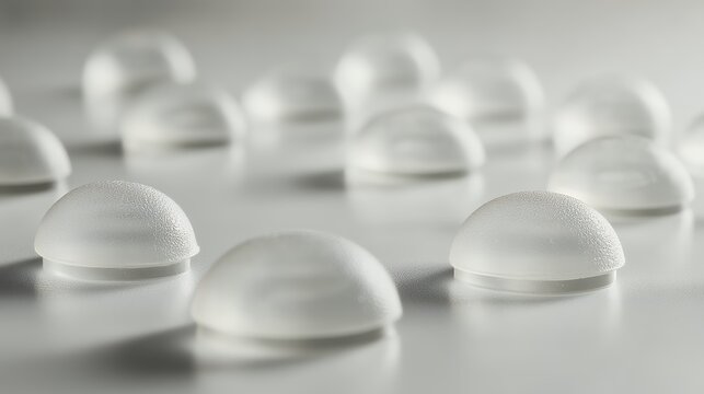Multiple silicone breast implants arranged on a sterile reflective surface