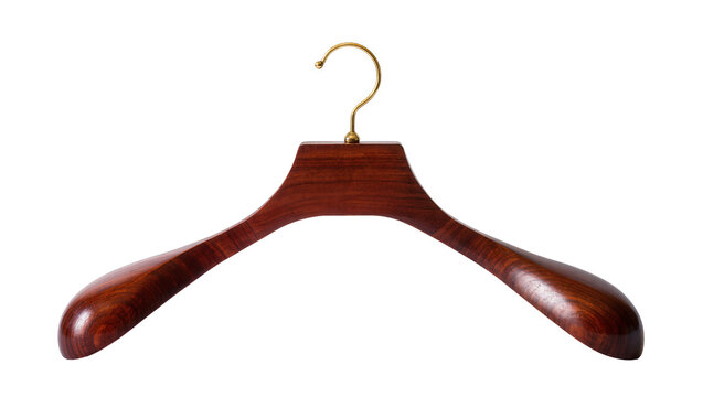 Polished dark wood suit hanger with brass hook, isolated on transparent background