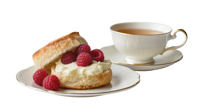 Creamy scone with fresh raspberries and tea, isolated on transparent background