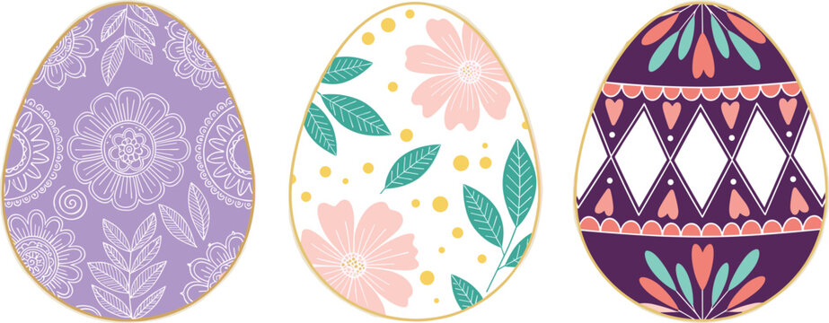 Vector Set of Decorative Easter Eggs with Floral and Geometric Patterns, Colorful Spring Illustrations for Easter, Holiday, and Festive Designs
