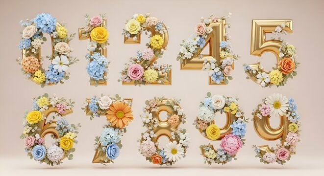 Golden Numbers 0-9 Decorated with Flowers, Elegant Floral Alphabet for Celebrations