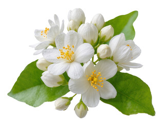 Fototapeta premium Fresh jasmine flowers and unopened buds with vibrant green leaves, beautifully isolated PNG on transparent background, perfect for elegant floral designs and aromatherapy concepts