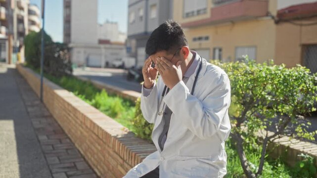 Man doctor removes glasses and rubs forehead for headache while wearing stethoscope on street bench; fatigue long shift.