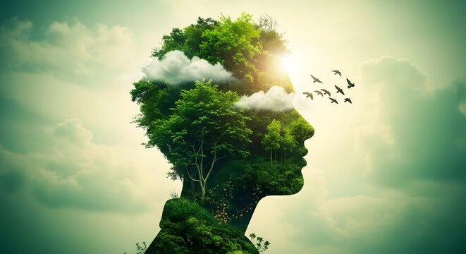 Green silhouette of human head with trees and clouds