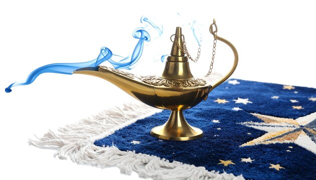 A golden, ornate lamp with smoke emanating from its spout sits atop a patterned blue rug with stars against a white background