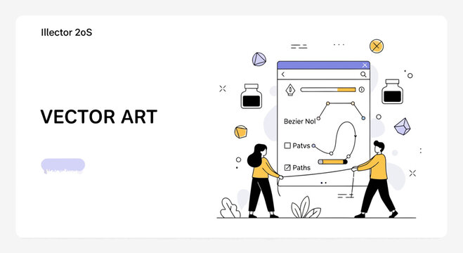Professional graphic design team creating digital vector art using pen tool software with bezier paths nodes and curves