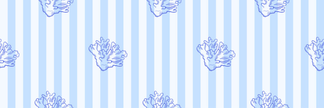 Beach coral seamless pattern. Blue striped background in coastal Style. Line art marine element. Hand drawn ocean themed repeating design for textile, fabric summer backdrop.