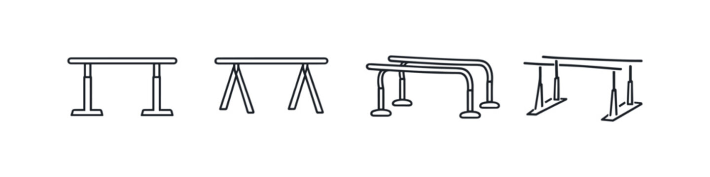 Various types of gymnastic balance beams in simple line art style