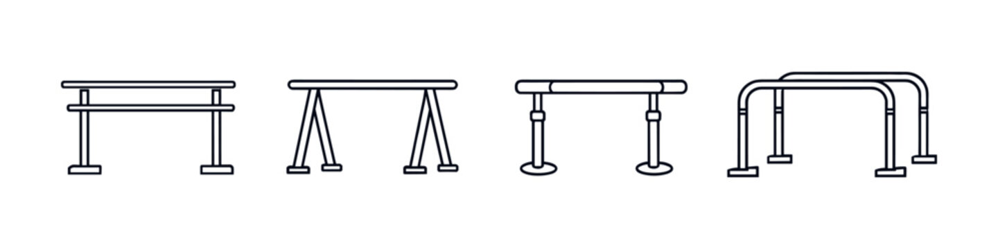 Collection of simple line art icons representing various parallel bars for gymnastics and training