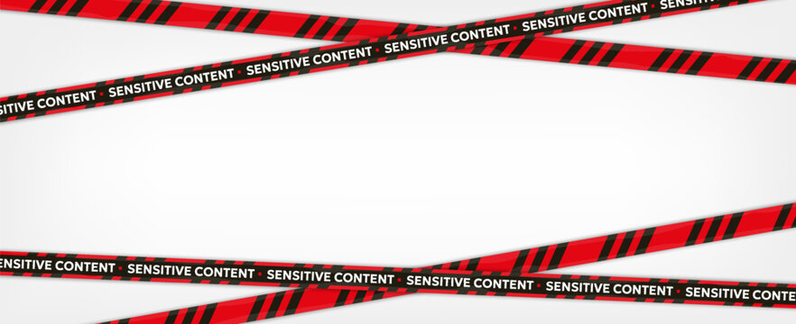 Sensitive content warning tape set. Red and black caution stripes with text labels for restriction borders and alert design elements