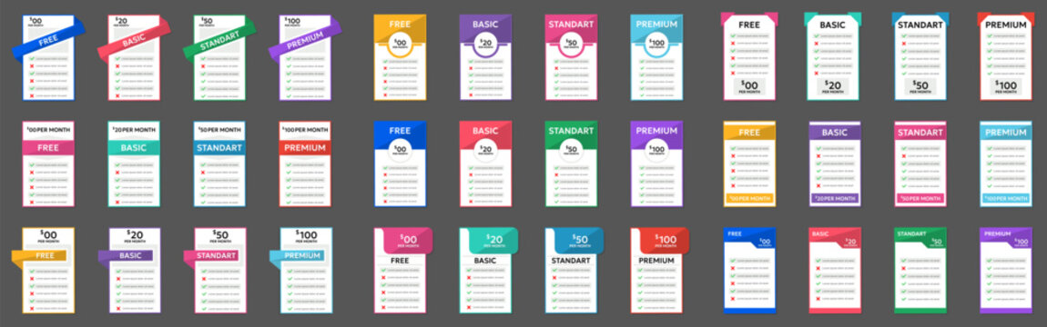 Pricing table templates collection. Colorful subscription plan cards with free basic standard and premium options in modern layout styles