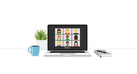 Fototapeta premium A silver laptop displays a nine-person video conference, flanked by a potted plant, a coffee mug, and a notebook on a white desk.