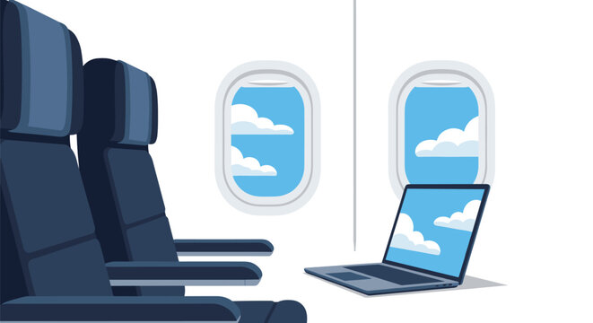Two empty blue airplane seats face a silver laptop reflecting clouds from two oval windows inside a white cabin.